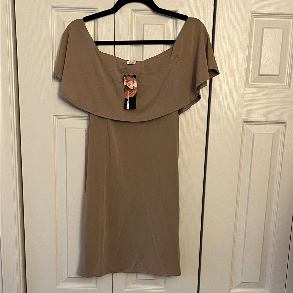 Necessary Objects Tan Off-Shoulder Mini Dress